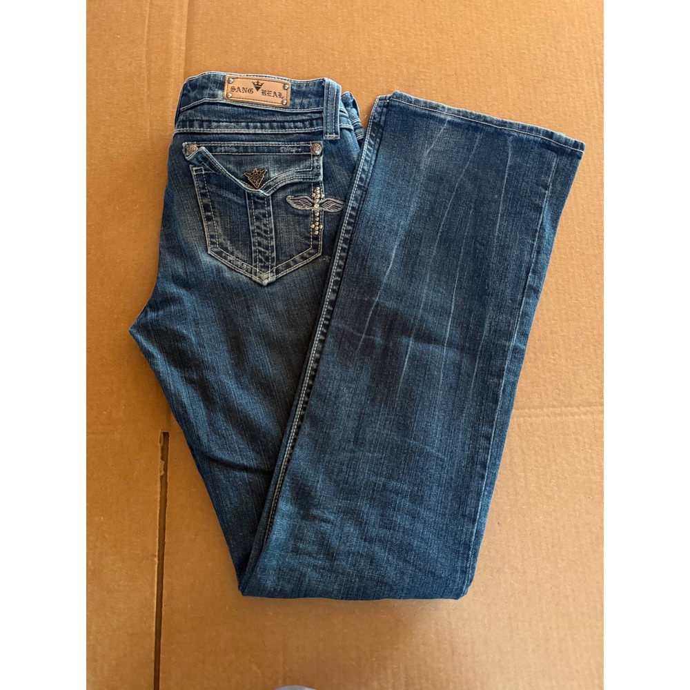 REAL SANG S30 Womens Bootcut Jeans Blue Wing Cross Rhinestone Embroidered